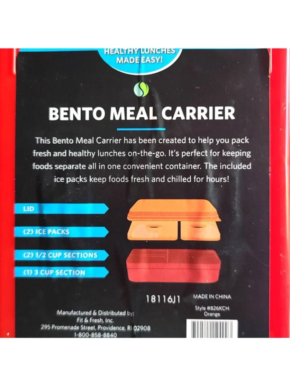 Fit & Fresh 4 Pc Bento Meal Carrier Red 2 Snap In Ice Packs 3 Section w Lid NEW